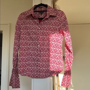 Talbots Womens Maroon White Blouse Size 10 Button Up Stretch French Cuff